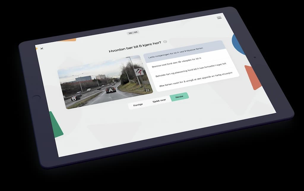 Teoritentamen på et nettbrett, med en teorioppgave om vikeplikt